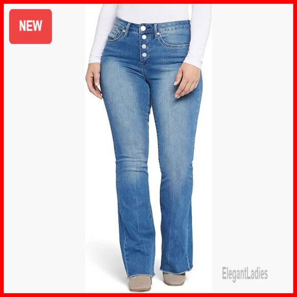 High-Rise Flare Jeans with Exposed Button Fly and Frayed Hems